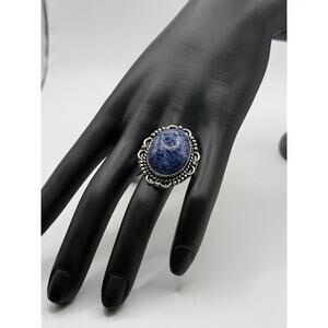 German Silver Lapis Lazuli Statement Ring, Size 8